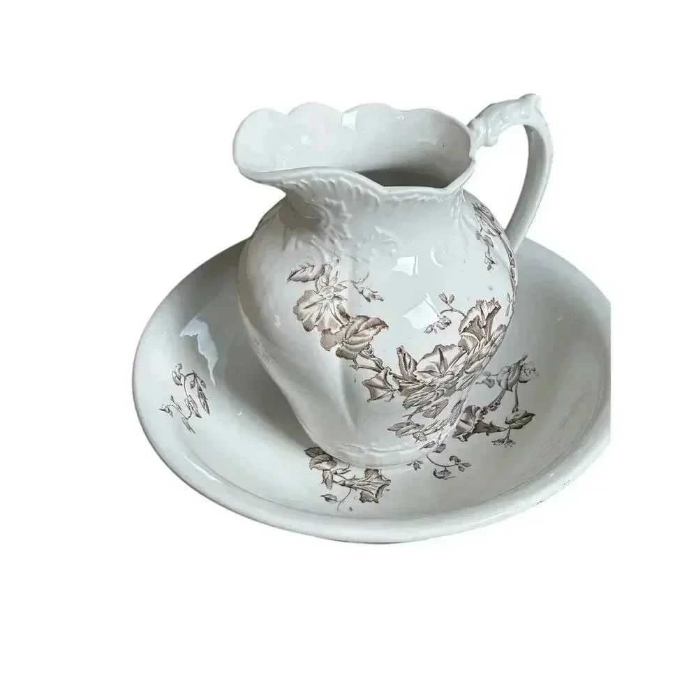 Antique Brown Transfer Ironstone Wash Bowl And Pitcher Morning Glory Pattern